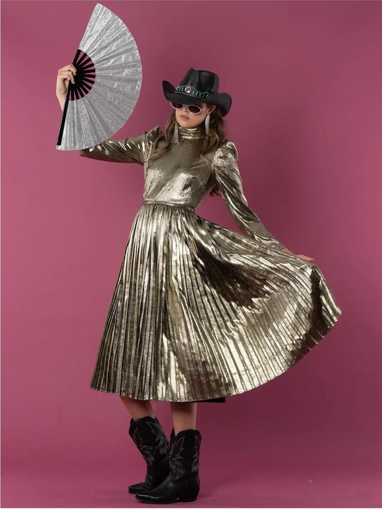 Emily Mccarthy Dresses & Skirts - Emily McCarthy Metallic Gold Pleated Midi Dress Party Holiday New Years